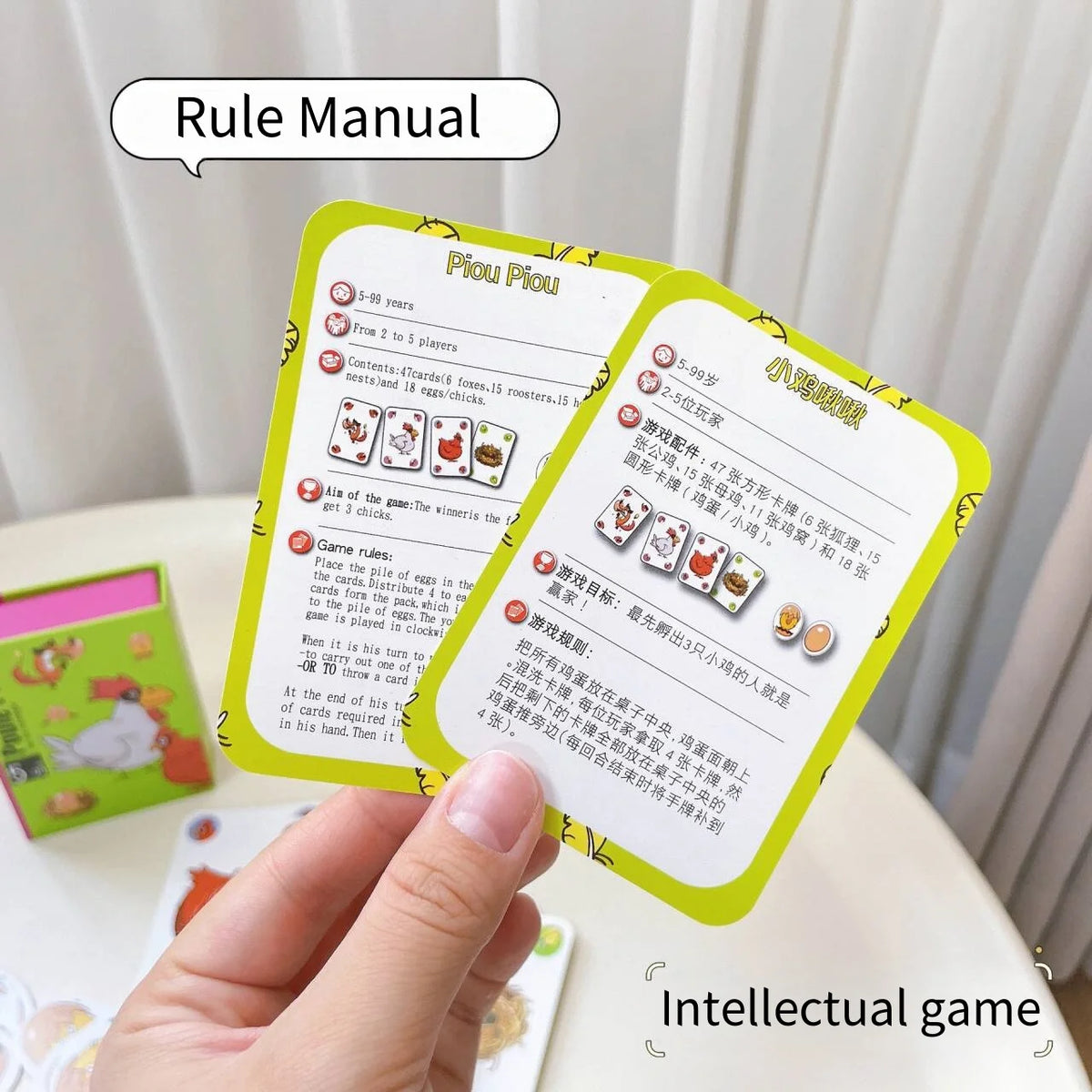 Three-party card games including Chicken Chiu Chiu, Drecksau, and Piou Piou by FanzyMarket, featuring colorful game cards for family fun.