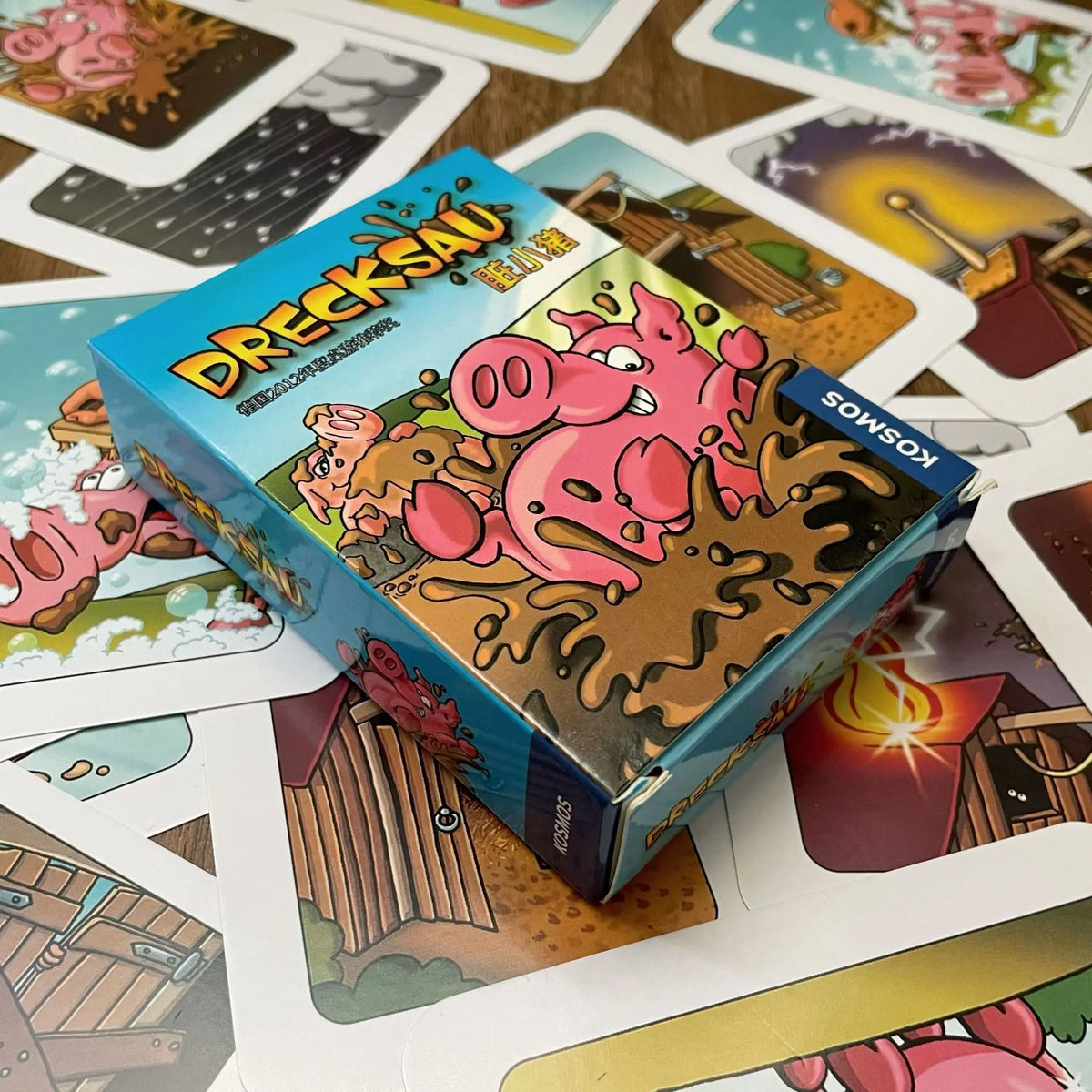 Three-party card games including Chicken Chiu Chiu, Drecksau, and Piou Piou by FanzyMarket, featuring colorful game cards for family fun.