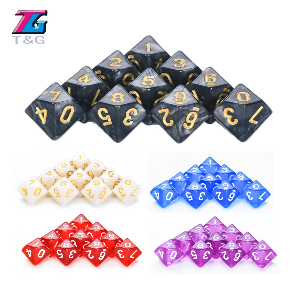 FanzyMarket D10 polyhedral dice set with marble and transparent styles, ideal for D&D, tabletop RPGs, board games, and parties.