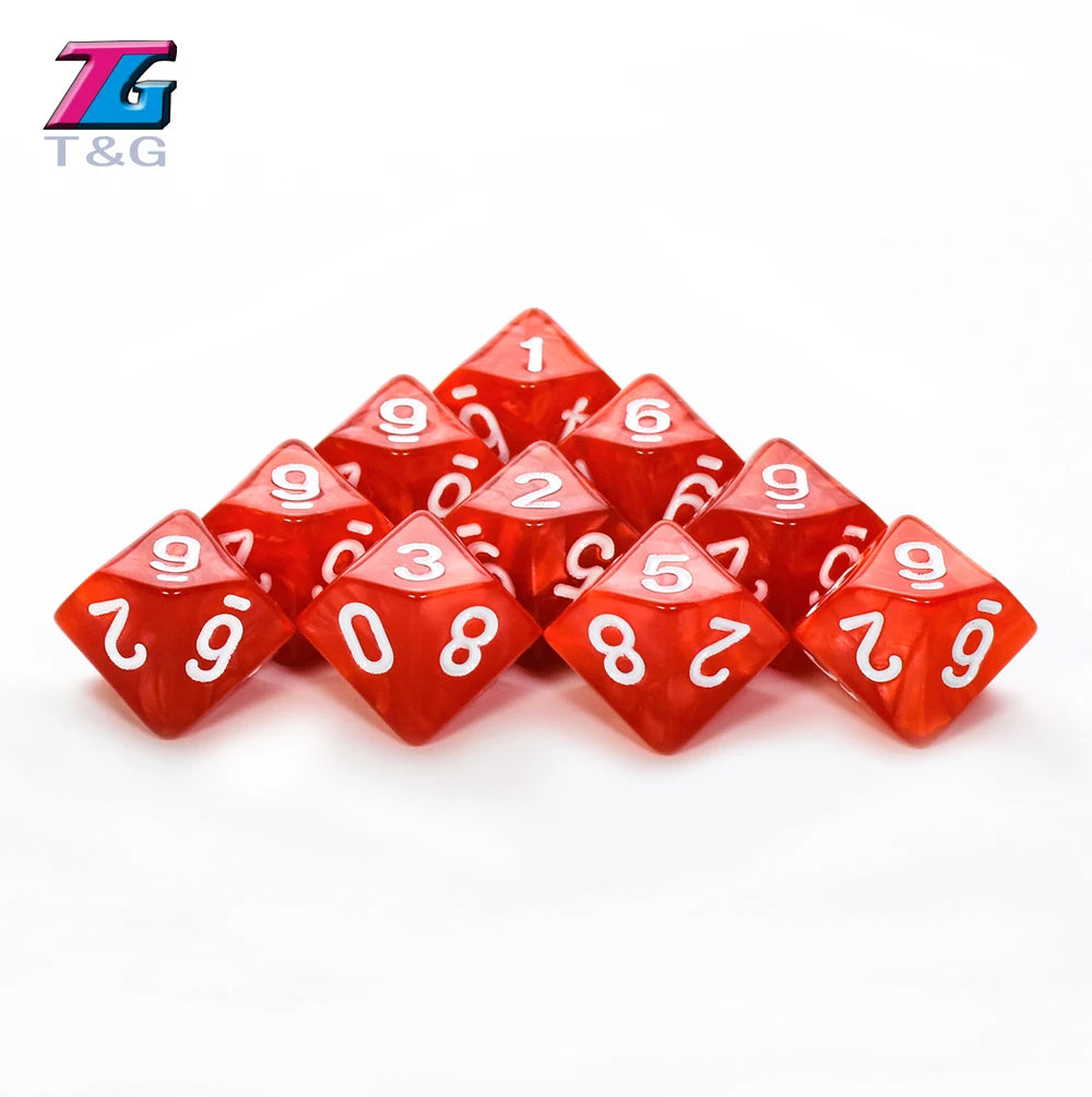 Set of 10 polyhedral dice for D&D and tabletop RPGs in marble and transparent styles, featuring various shapes and colors.