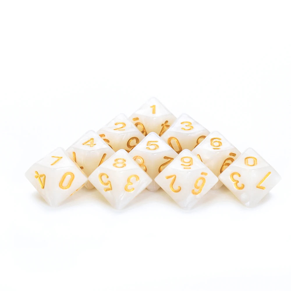 FanzyMarket D10 polyhedral dice set with marble and transparent styles for D&D and tabletop RPG games.
