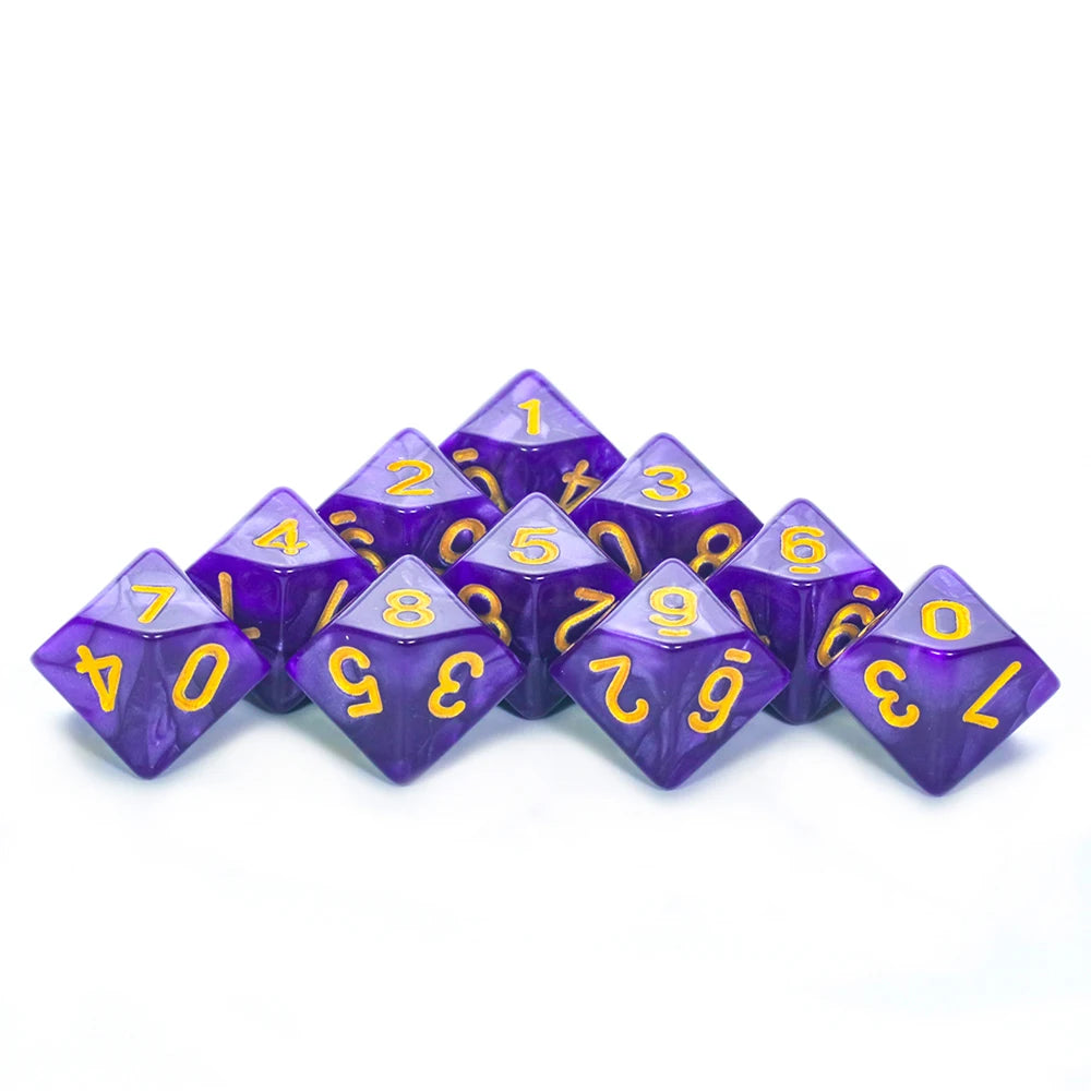 Set of 10 polyhedral D10 dice in marble and transparent styles for D&D and tabletop RPGs, featuring colorful, detailed designs.