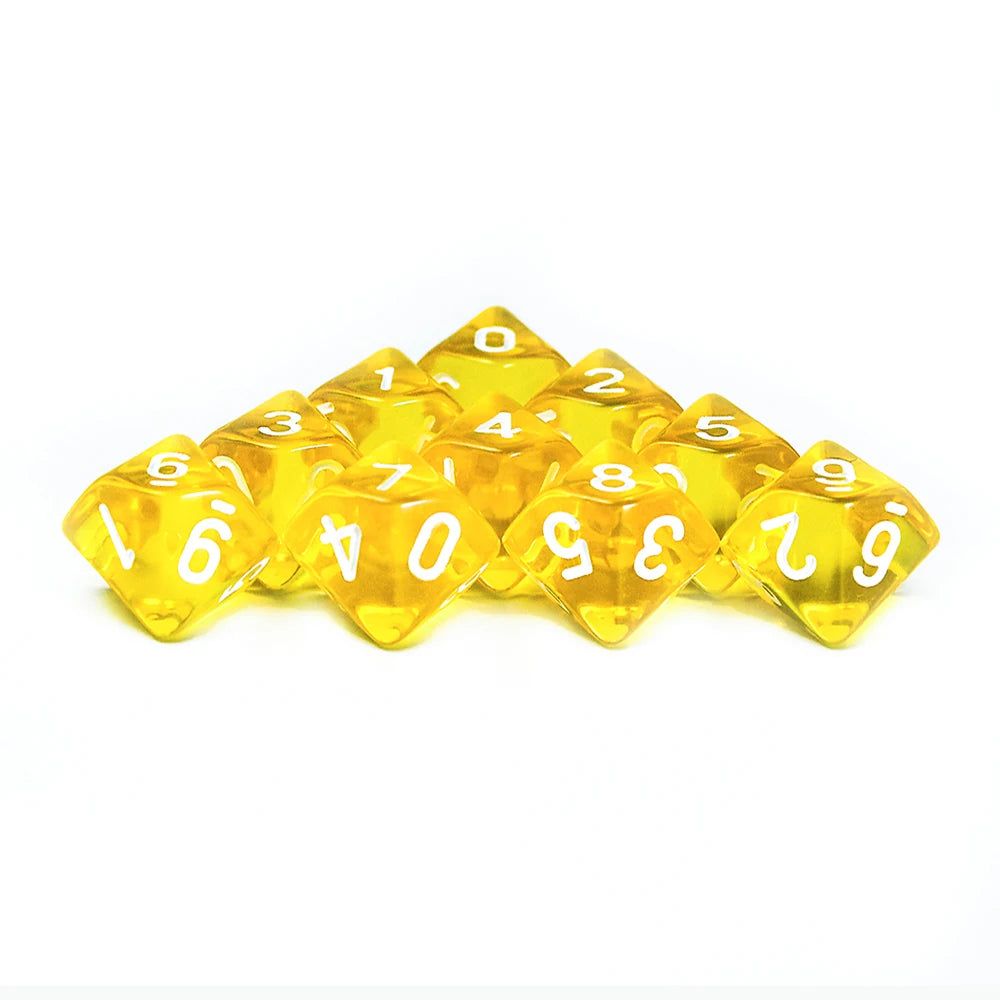 FanzyMarket D10 polyhedral dice set with marble and transparent styles for D&D and tabletop RPG games.