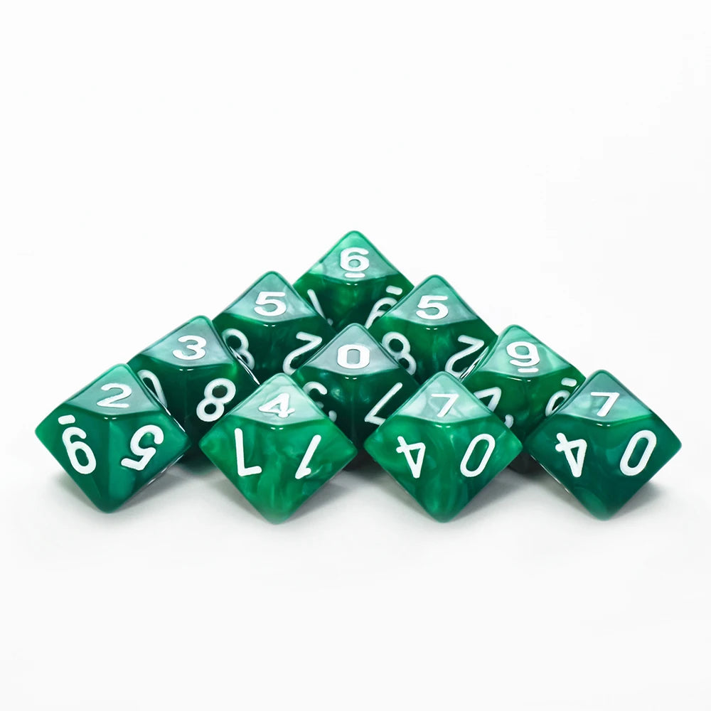 FanzyMarket D10 polyhedral dice set with marble and transparent styles for D&D and tabletop RPGs, perfect for board games and parties.