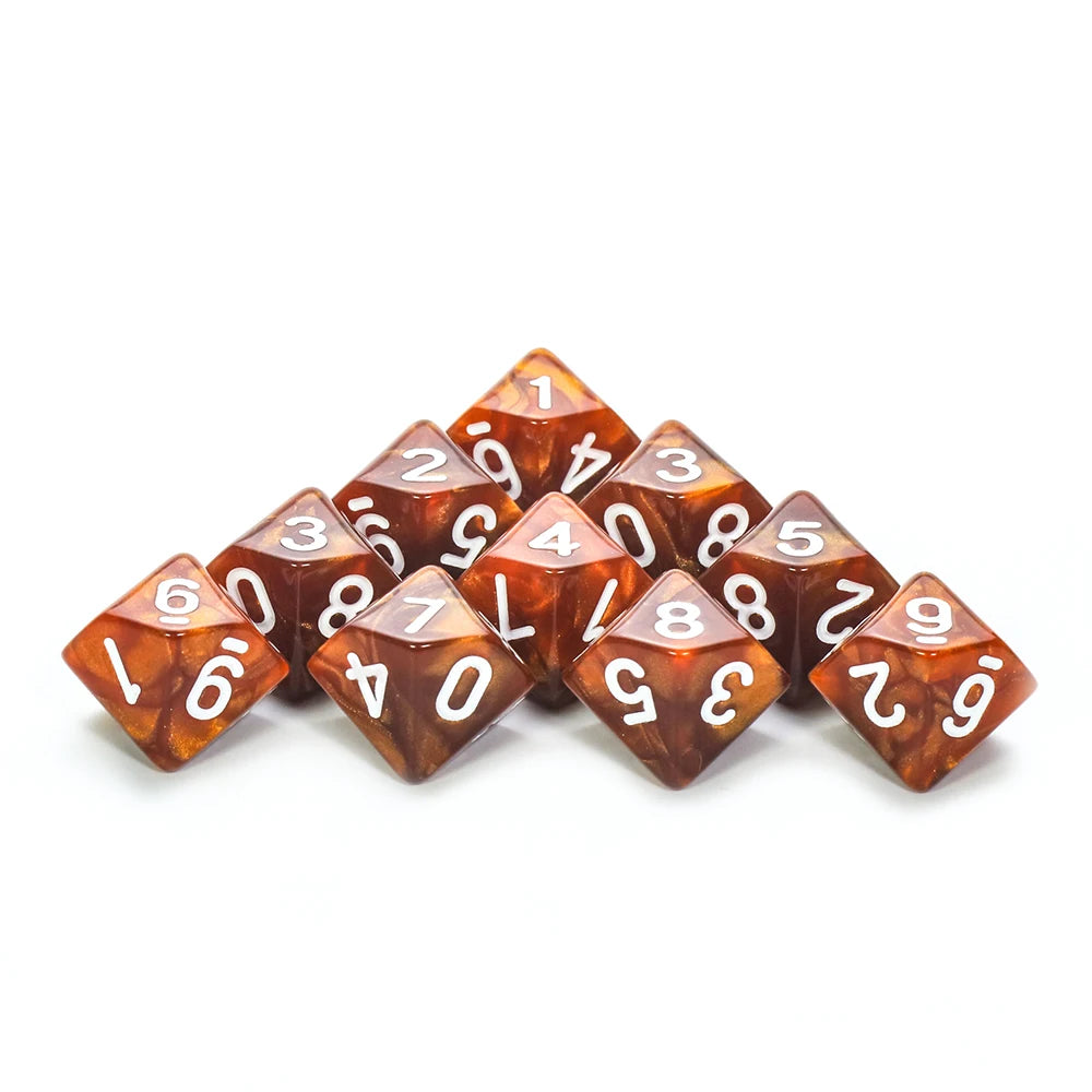 Set of 10 polyhedral D10 dice in marble and transparent styles for D&D and tabletop RPG gaming by FanzyMarket.