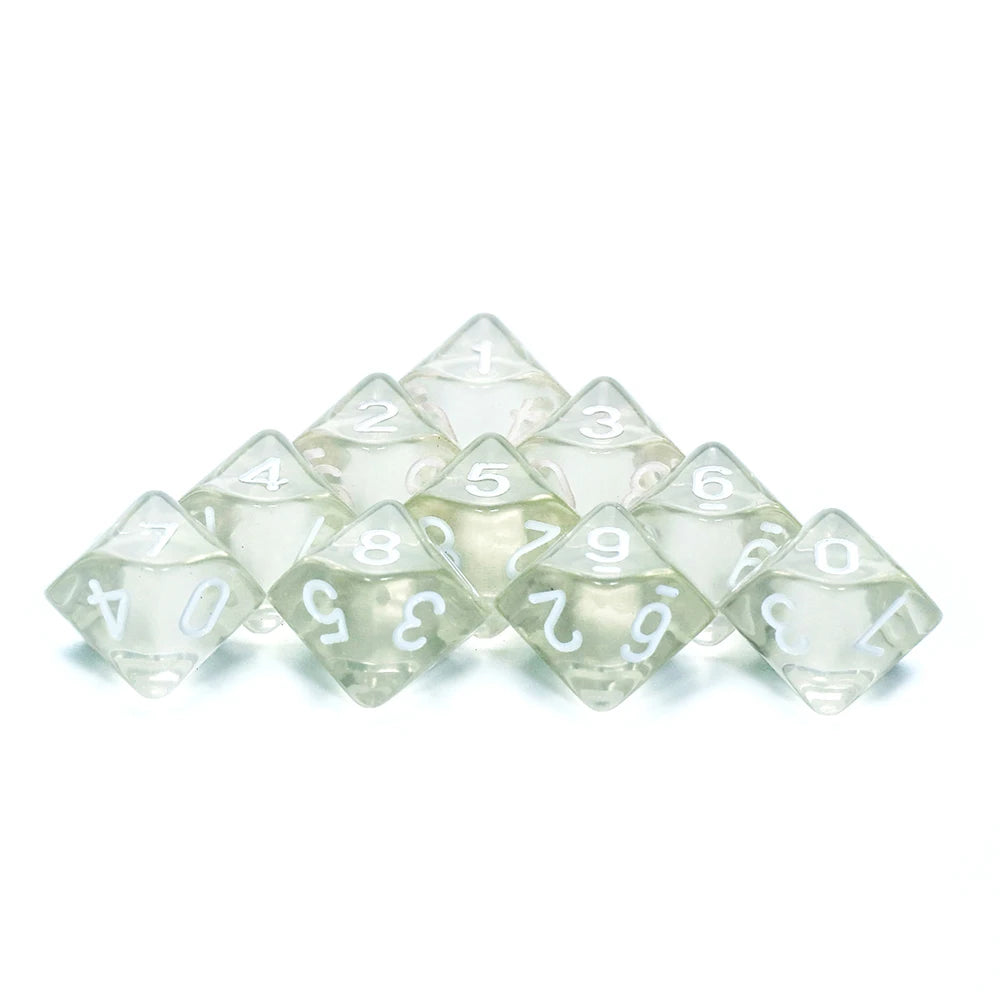 FanzyMarket D10 polyhedral dice set with marble and transparent styles for D&D and tabletop RPGs, perfect for board games and parties.