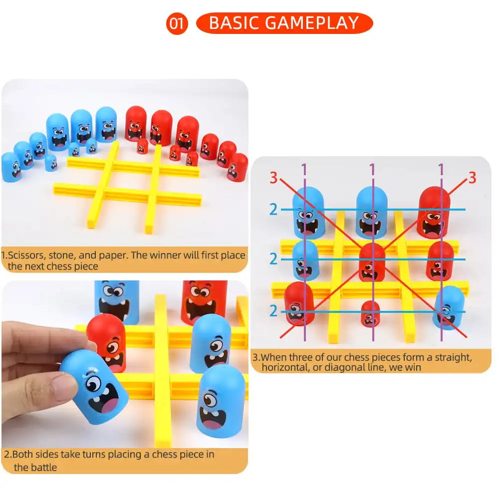 FanzyMarket tabletop Tic Tac Toe and Big-Eats-Small strategy game set with game pieces for kids and adults, multiplayer party fun.