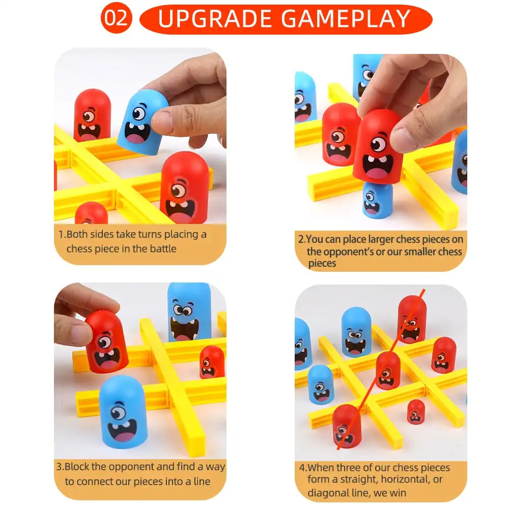 FanzyMarket tabletop Tic Tac Toe and Big Eats Small strategy game set, featuring colorful game pieces for kids and adults.