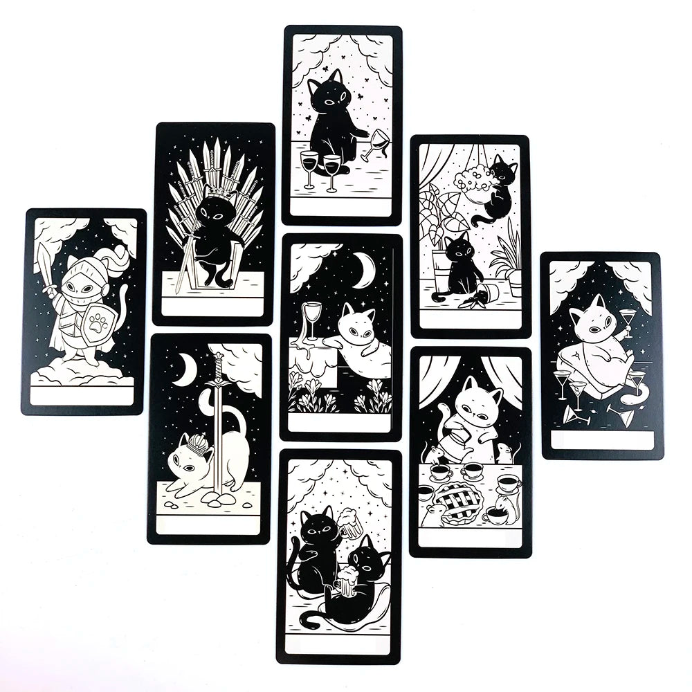 Cute Cat Tarot Deck with 78 oracle and divination cards, featuring colorful cat illustrations and an English guidebook.
