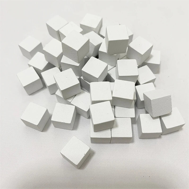 Colorful wooden cubes in a 100-pack, 10mm size, used as dice tokens for crafts, board games, and early education activities.