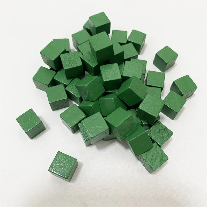 Colorful 10mm wooden cubes from FanzyMarket, 100-pack, used as dice tokens for crafts, board games, and early education activities.