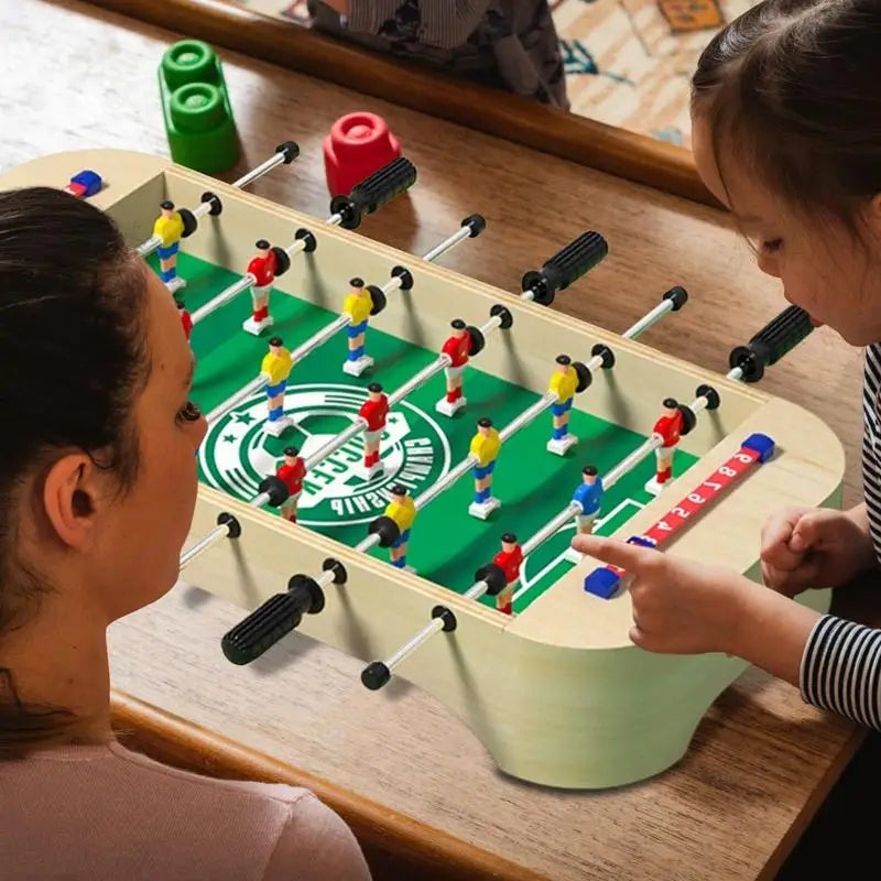 FanzyMarket wooden tabletop foosball game for kids, portable desktop soccer board with detailed wooden design.