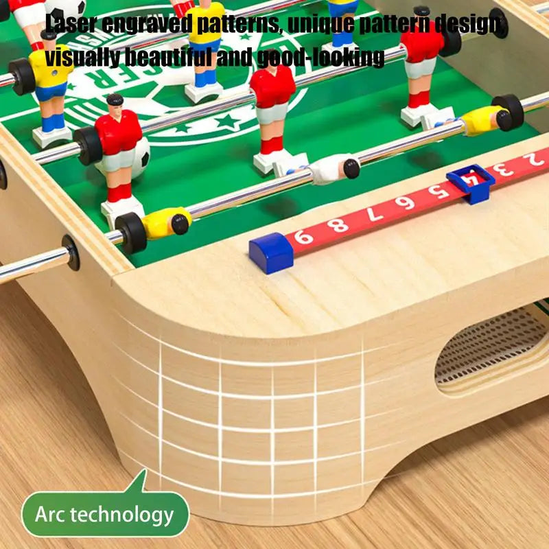 FanzyMarket wooden tabletop foosball game for kids, portable desktop soccer board with detailed wooden finish and miniature players.