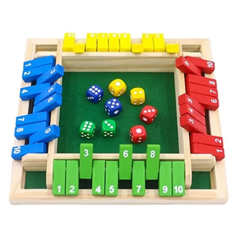 Colorful wooden Shut the Box dice game with flaps for 4 players, designed for family fun and educational math practice.