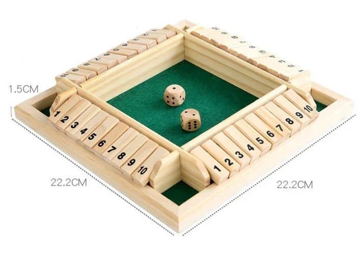 Colorful wooden Shut the Box dice game with flaps, designed for 4 players, ideal for family fun and educational math play.