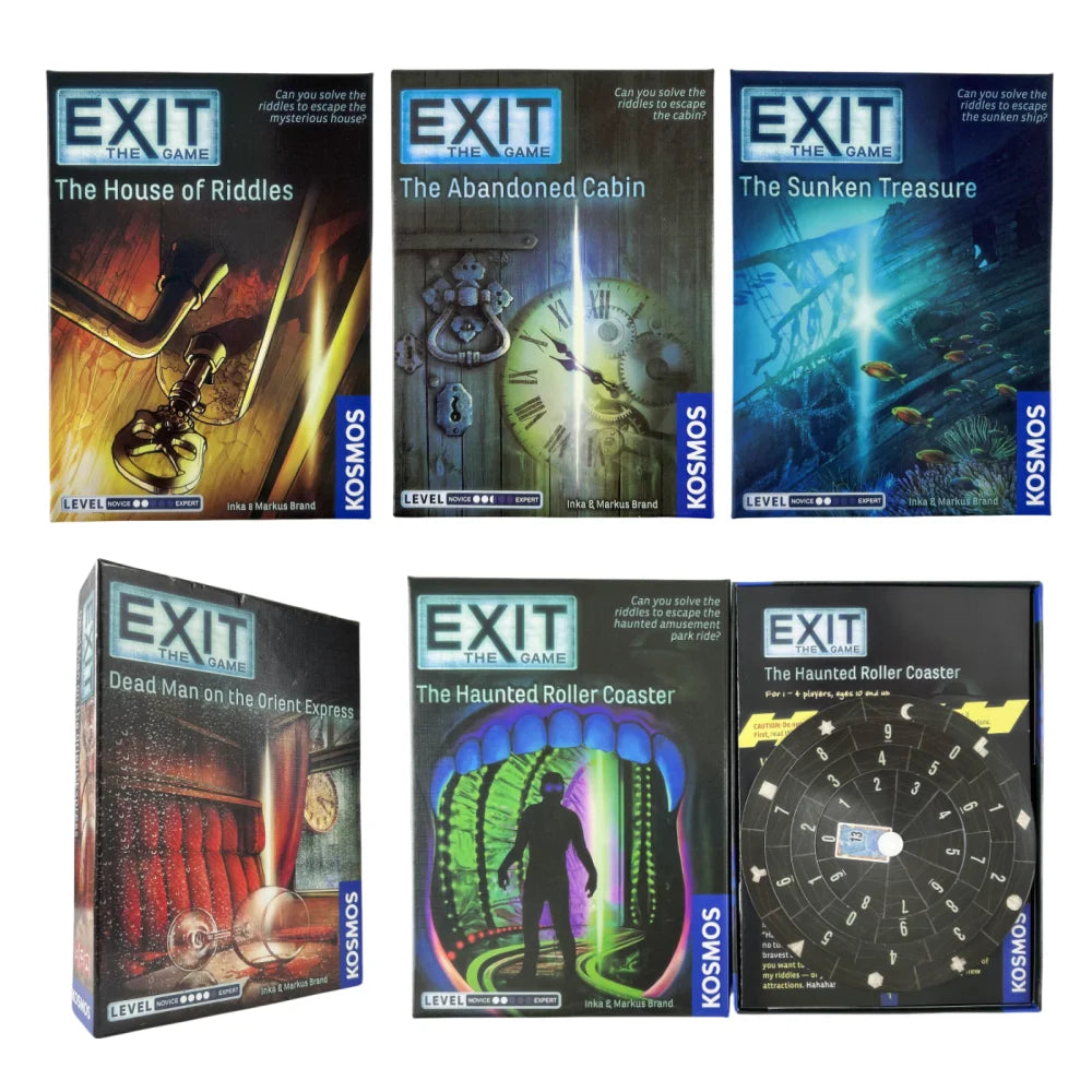 FanzyMarket escape room card game decks featuring The Abandoned Cabin, Haunted Roller Coaster, Dead Man on the Orient Express, and House of Riddles.