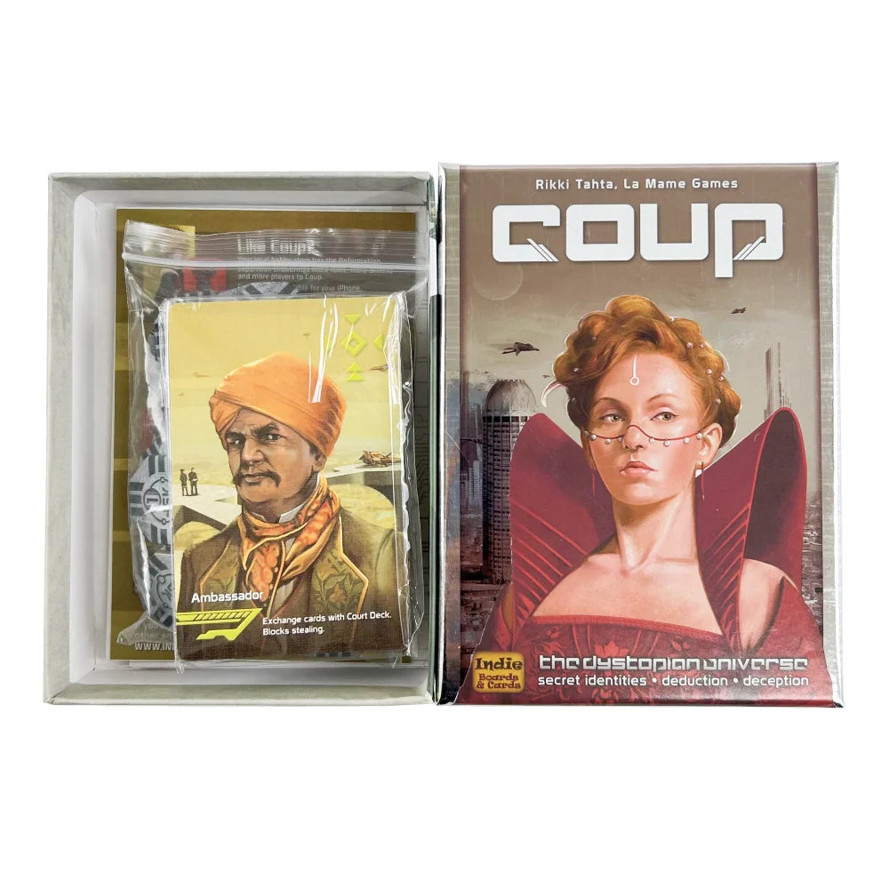 FanzyMarket Coup Reformation Expansion Pack for strategy deduction card game, featuring yellow-themed cards and game components.