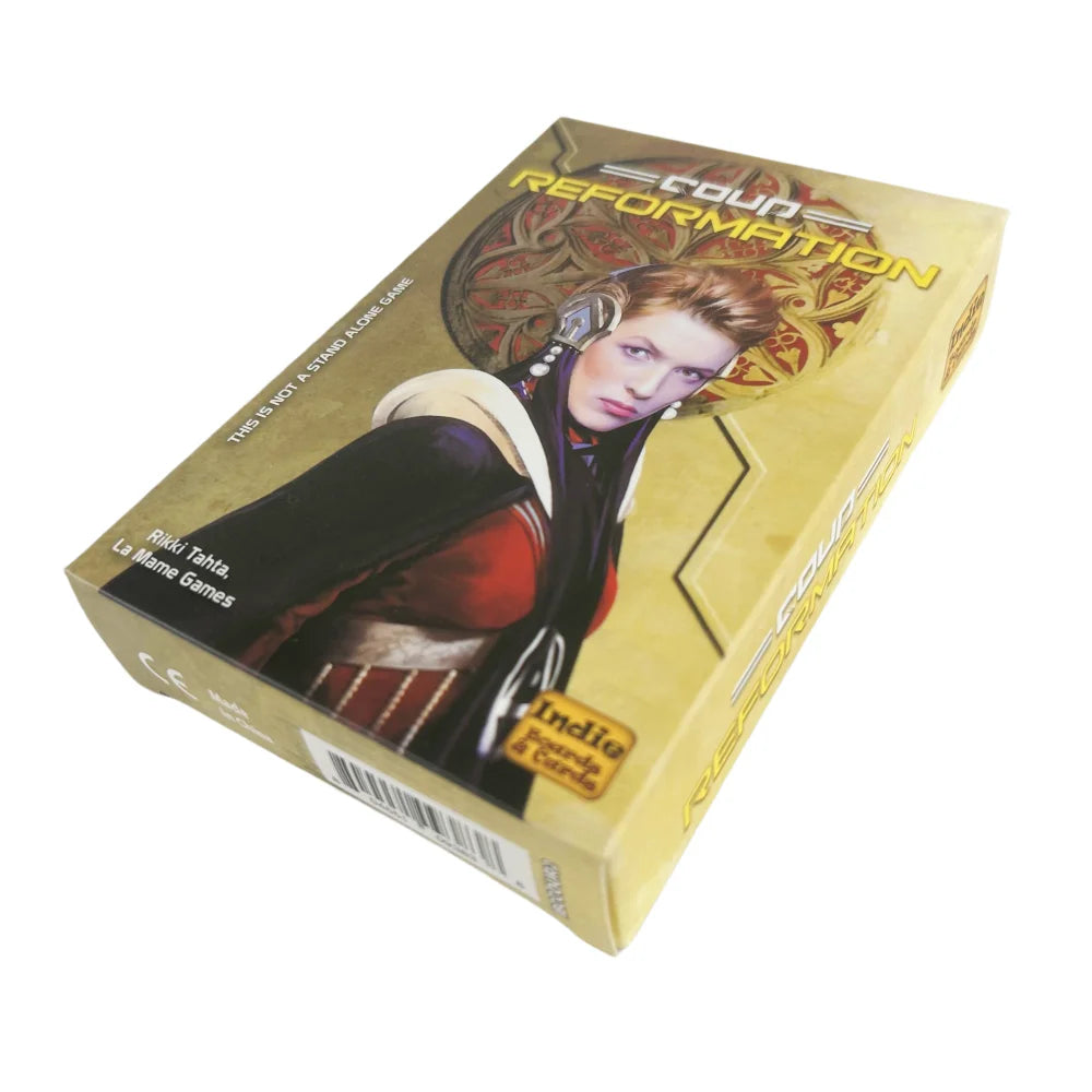 FanzyMarket Coup Reformation Expansion Pack for strategy deduction card game, featuring yellow cards and game components.