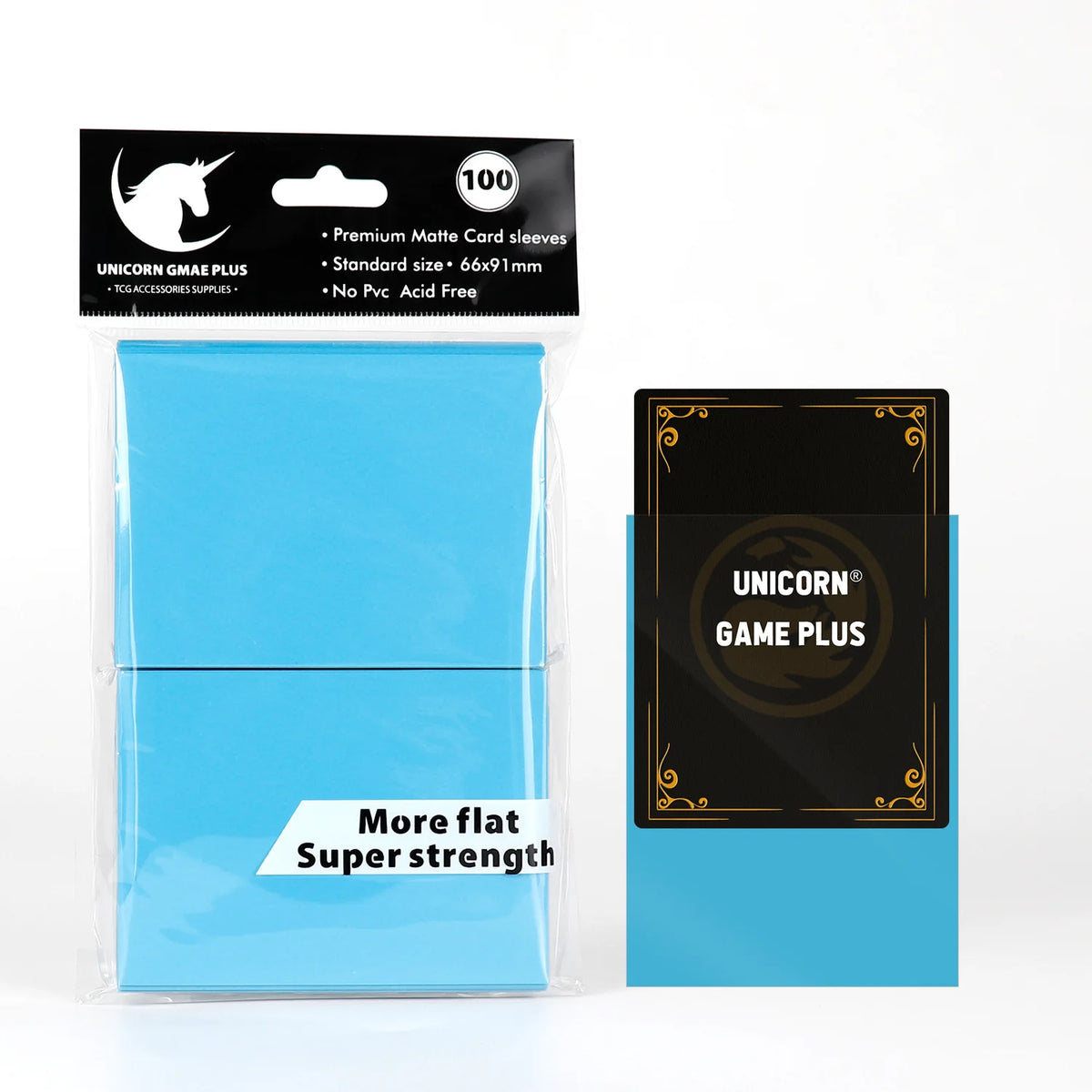 FanzyMarket 100-pack matte card sleeves, 66x91mm, standard TCG trading card protectors for tarot and board games, lake blue color.