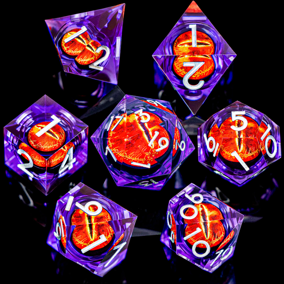 7-piece Eye of Sauron resin dice set with sharp-edged D20 for D&D tabletop RPG by FanzyMarket, featuring liquid core design.