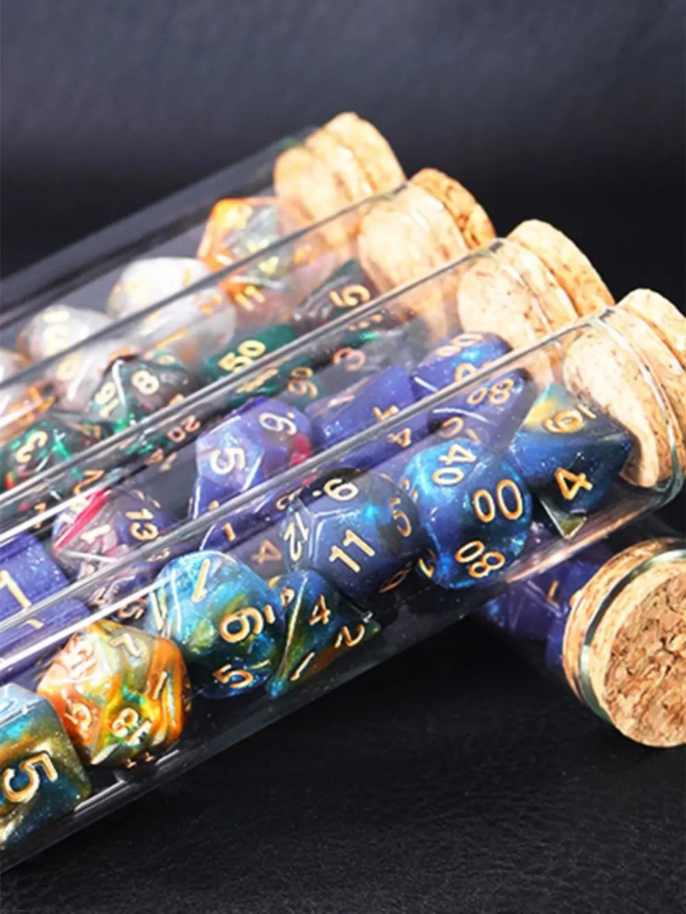Transparent purple and dark blue 7-piece polyhedral RPG dice set with potion flask style for D&D and tabletop games.