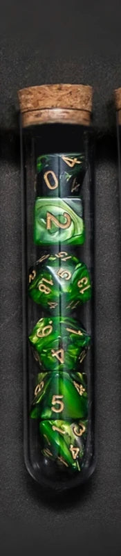 Transparent purple and dark blue 7-piece RPG dice set by FanzyMarket, includes polyhedral dice in potion flask style for tabletop gaming.