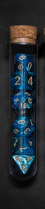 Transparent purple and dark blue 7-piece polyhedral RPG dice set by FanzyMarket, potion flask style for D&D and tabletop gaming.