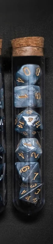 Transparent purple and dark blue 7-piece RPG dice set with potion flask design for D&D and tabletop gaming by FanzyMarket.