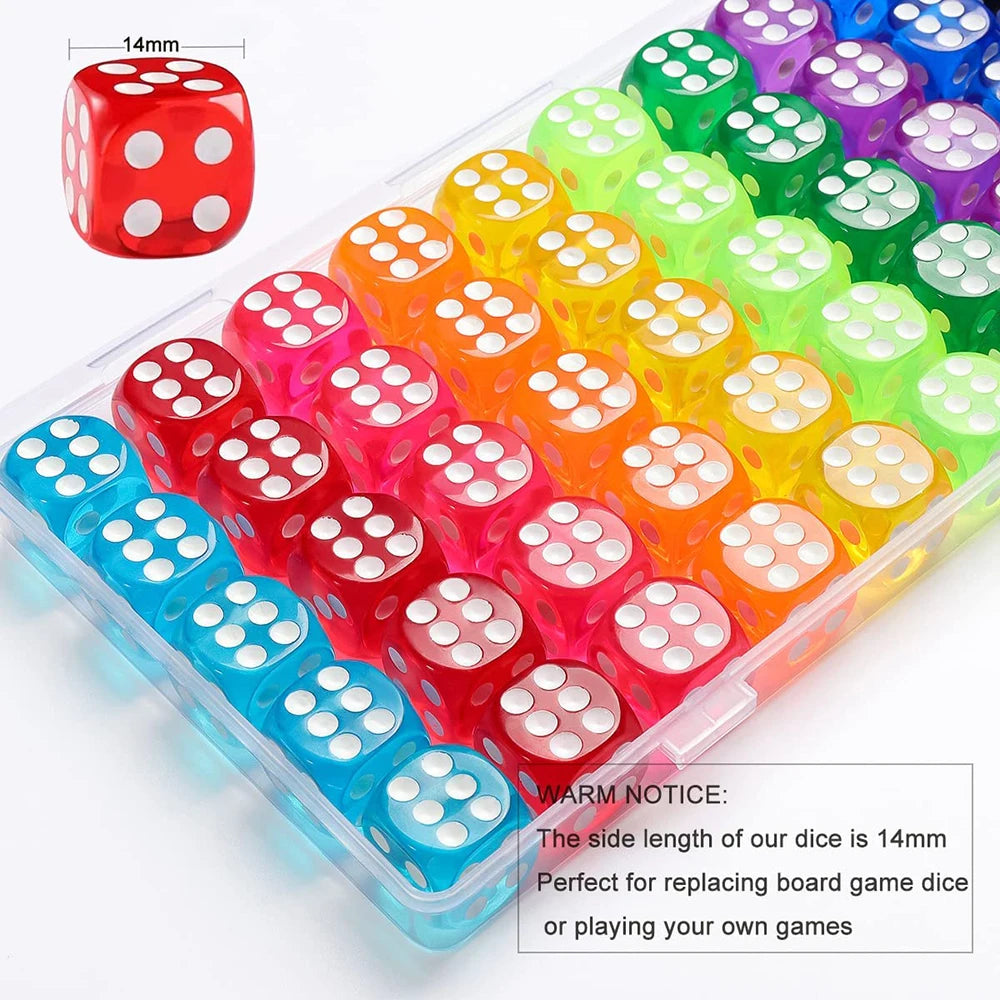 Set of 100 transparent 14mm acrylic six-sided dice with rounded edges for board games and DnD by FanzyMarket.