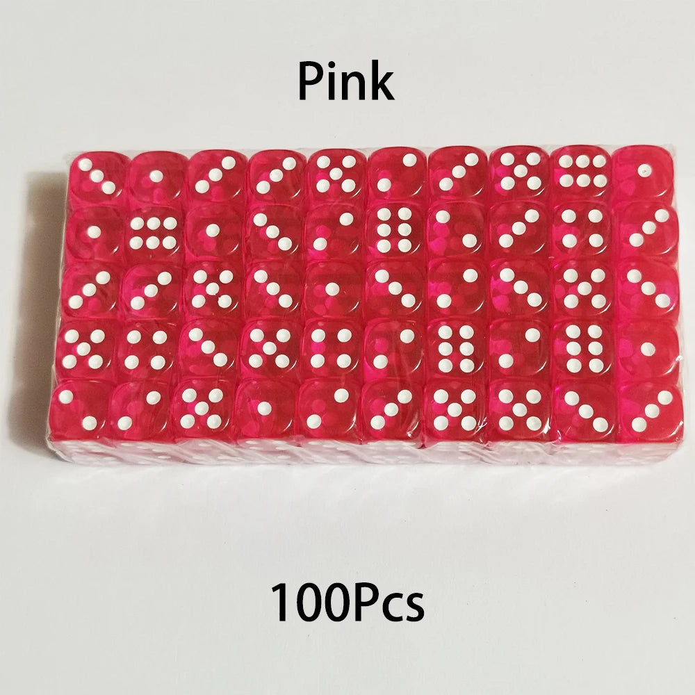 Set of 100 transparent 14mm acrylic six-sided dice with rounded edges for board games and Dungeons & Dragons by FanzyMarket.