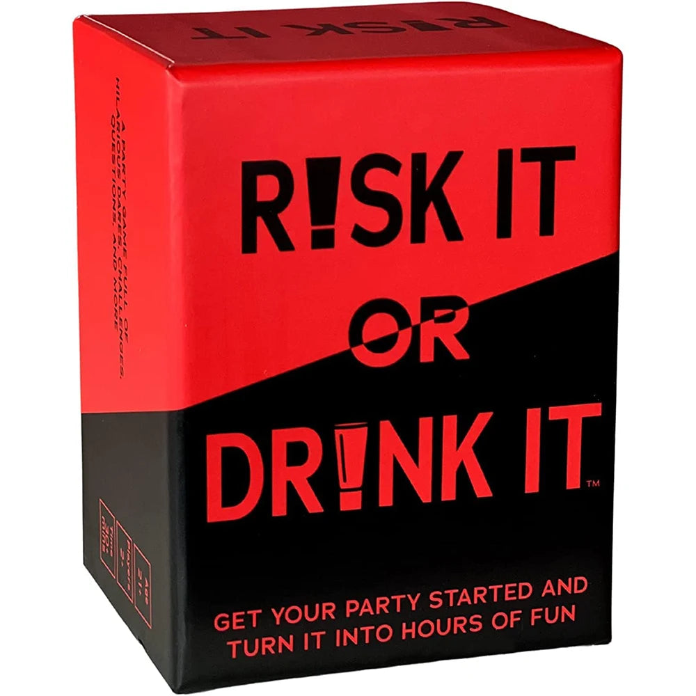 FanzyMarket Risk It or Drink It party card game for adults, featuring dares and challenges for college pregame fun.