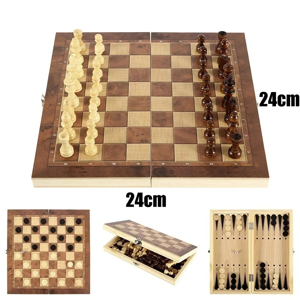 FanzyMarket 3-in-1 travel board game set with chess, checkers, backgammon, and dice, perfect for portable entertainment.