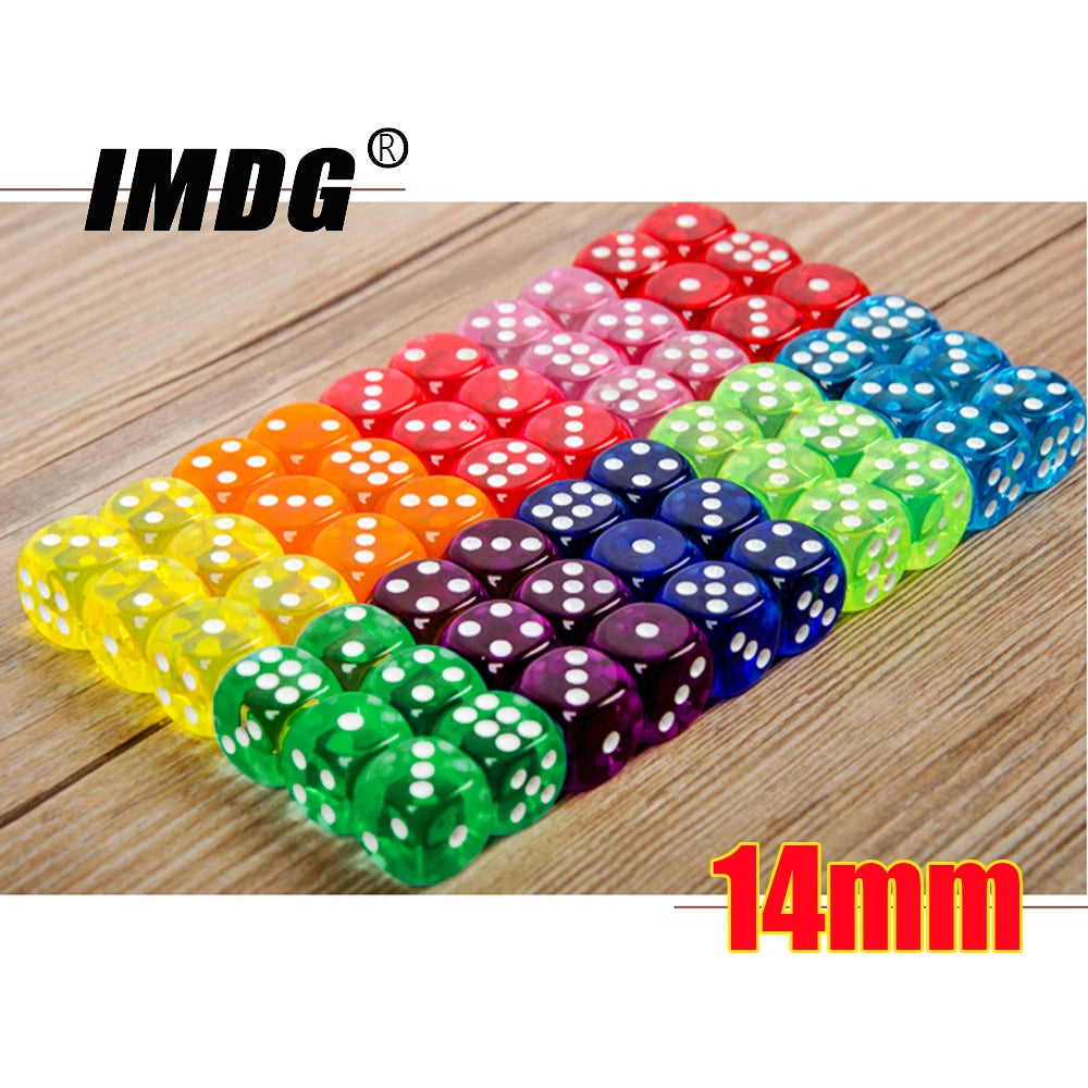 Ten transparent acrylic dice, 14mm with rounded corners, in multi-color, perfect for board and card games by FanzyMarket.