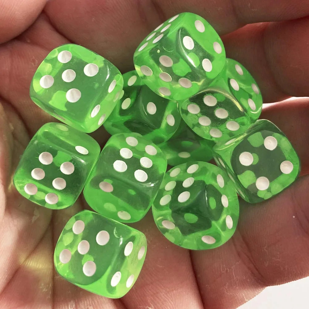 Ten-pack of 14mm transparent acrylic dice with rounded corners in multi-color, ideal for board and card games by FanzyMarket.