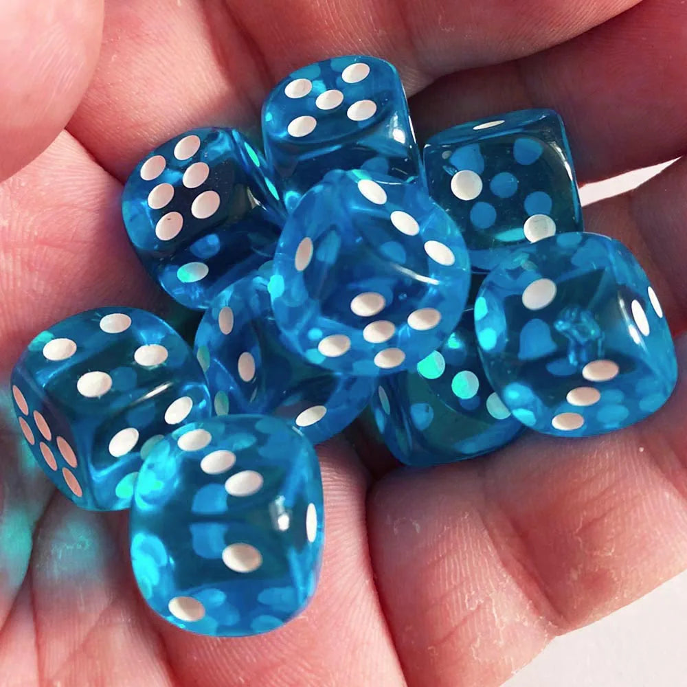 Set of 10 transparent acrylic dice with rounded corners in multi-color, 14mm size for board and card games.