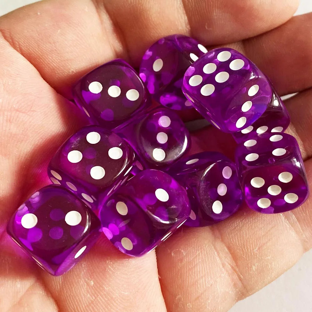 Ten transparent acrylic dice in various colors, 14mm with rounded corners, perfect for board and card games by FanzyMarket.
