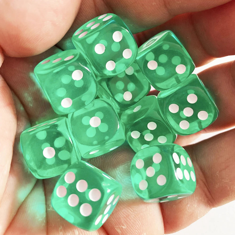 Set of 10 transparent acrylic gaming dice in multi-color with rounded corners, 14mm size for board and card games.