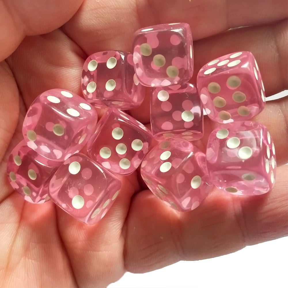Ten transparent acrylic dice in multiple colors with rounded corners, 14mm size, for board and card games by FanzyMarket.