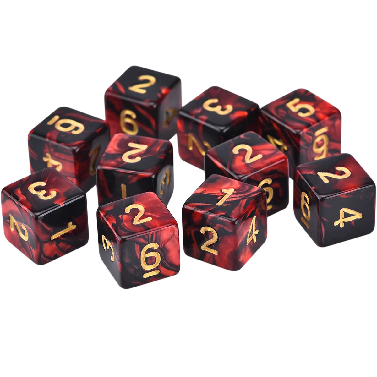 Yellow 10-piece acrylic D6 dice set with carved six-sided design for RPG, Dungeons & Dragons, and board games by FanzyMarket.