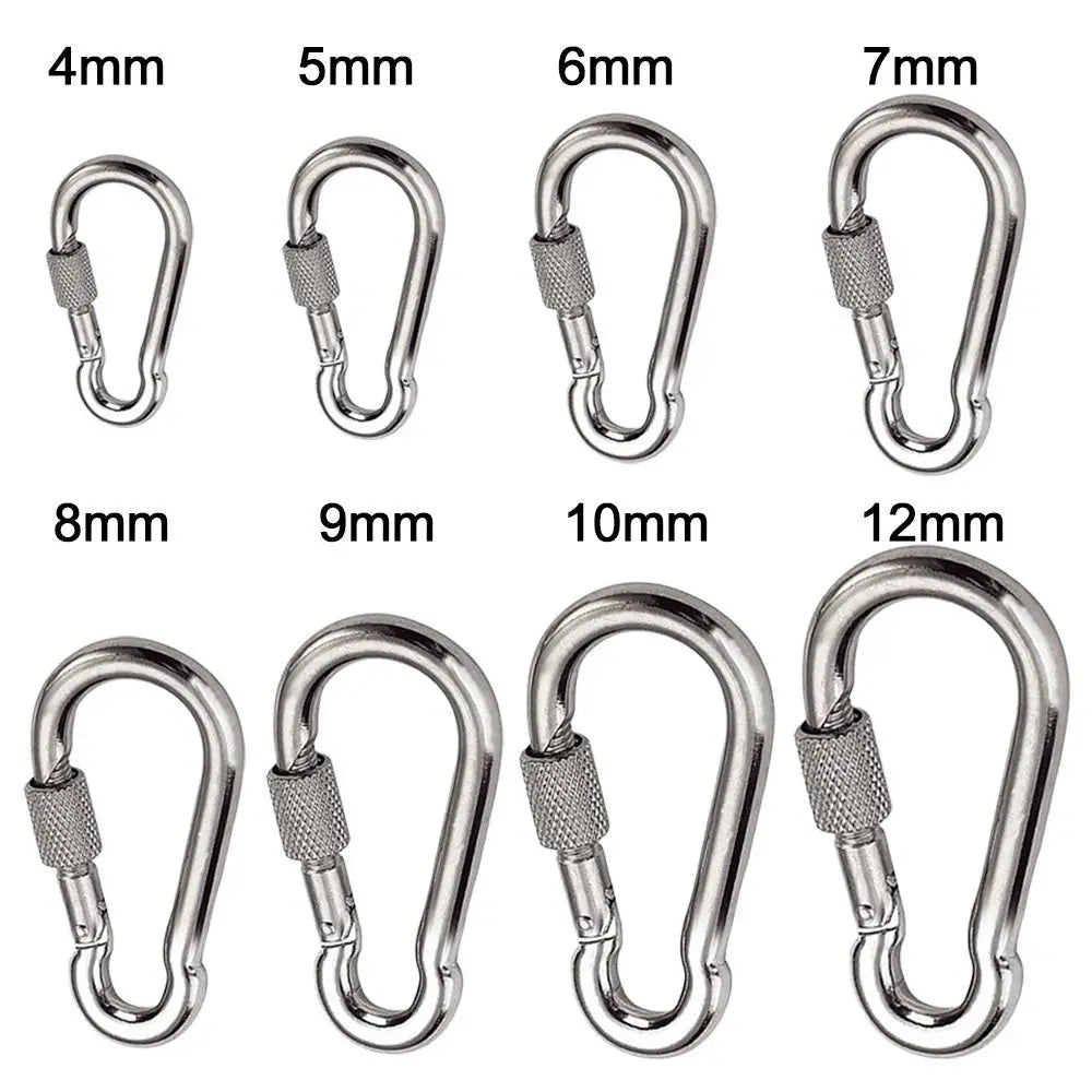 Pair of stainless steel screw-lock quick link carabiners from FanzyMarket, ideal for outdoor climbing and camping gear.