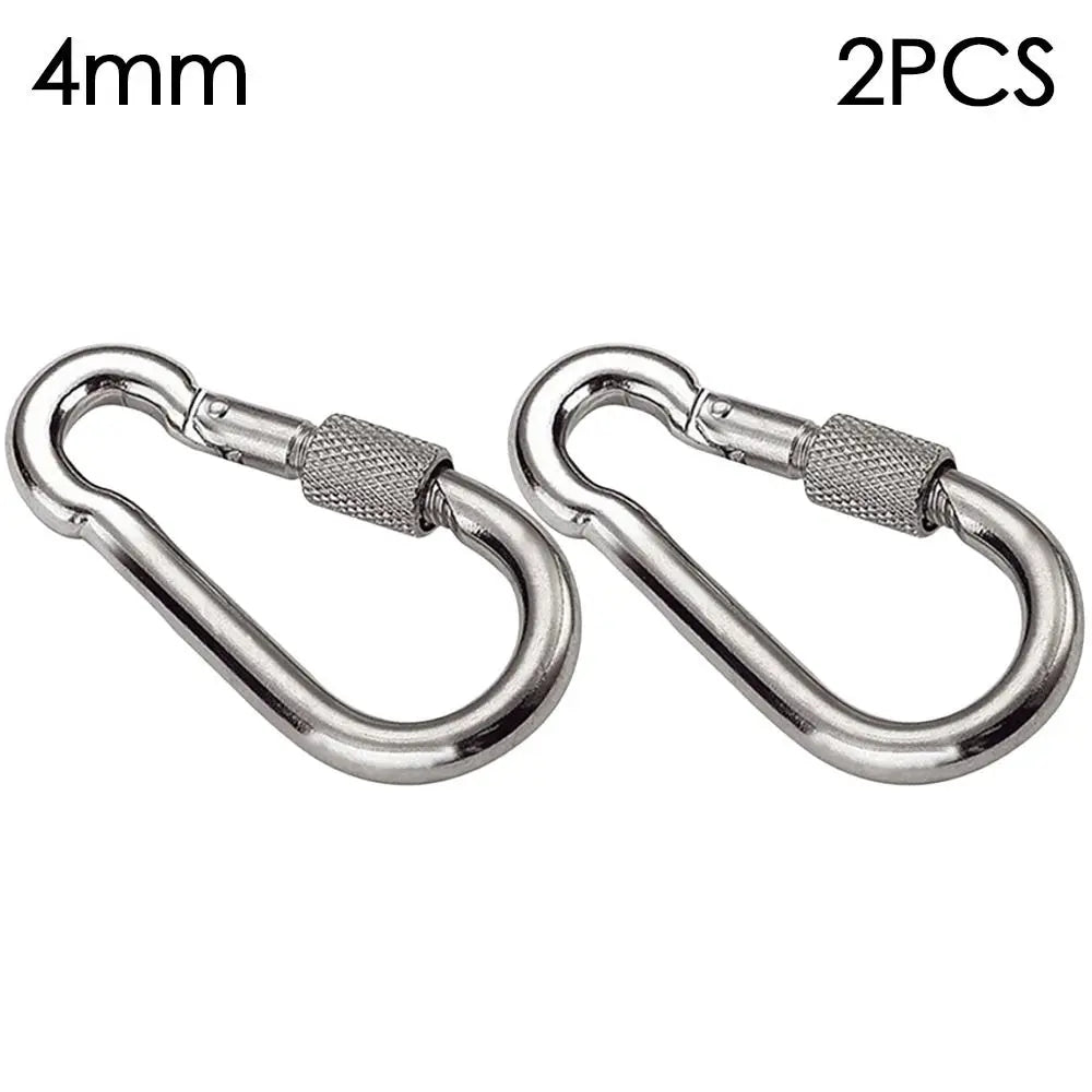 FanzyMarket stainless steel screw-lock quick link carabiner set, M4-M12 size, ideal for outdoor climbing and camping gear.