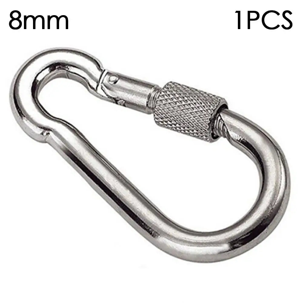 Two stainless steel screw-lock quick link carabiners from FanzyMarket, ideal for outdoor climbing and camping gear.