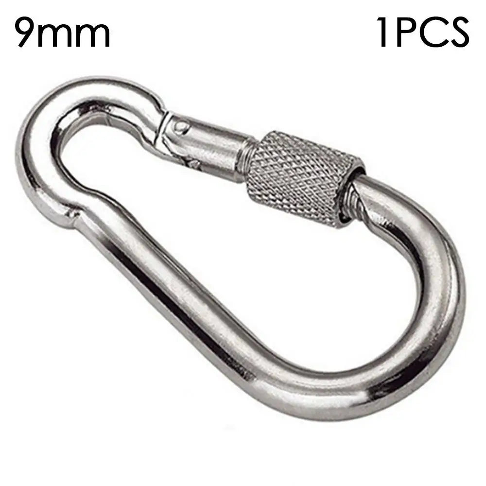Pair of FanzyMarket stainless steel screw-lock quick link carabiners for outdoor climbing and camping, 10mm diameter, 1/2-pack.