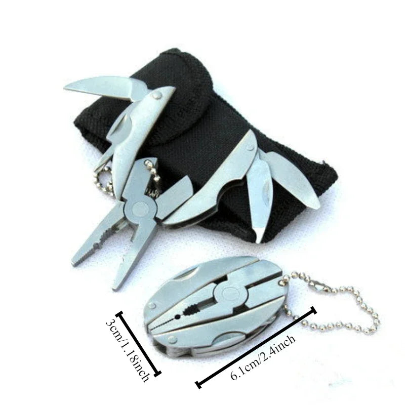 FanzyMarket compact steel multi-tool with folding pliers, knife, screwdriver, and keychain for camping and outdoor survival.