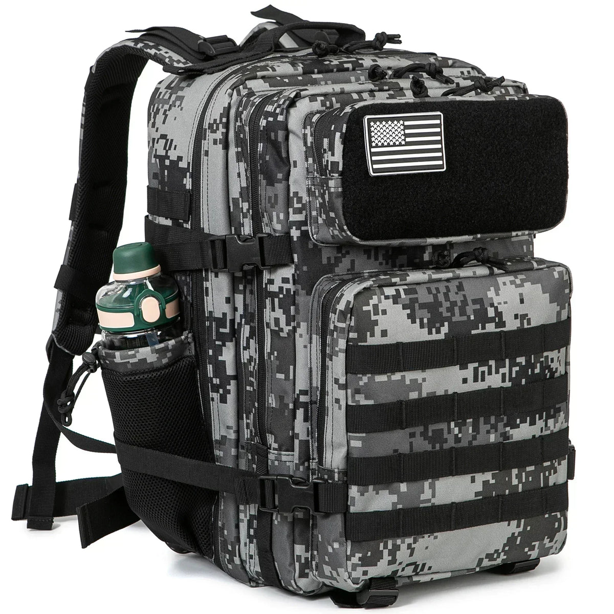 FanzyMarket 45L waterproof tactical backpack with MOLLE system, suitable for hiking, camping, travel, and outdoor activities.