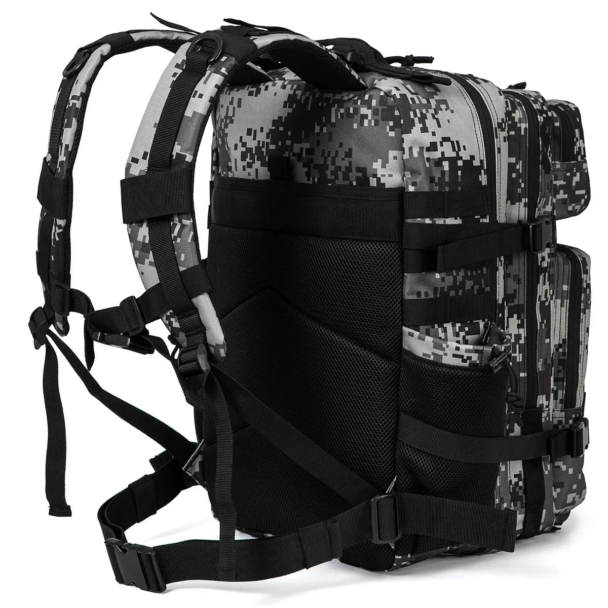 FanzyMarket 45L tactical backpack with waterproof 900D fabric, MOLLE gear, ideal for hiking, camping, travel, and outdoor activities.