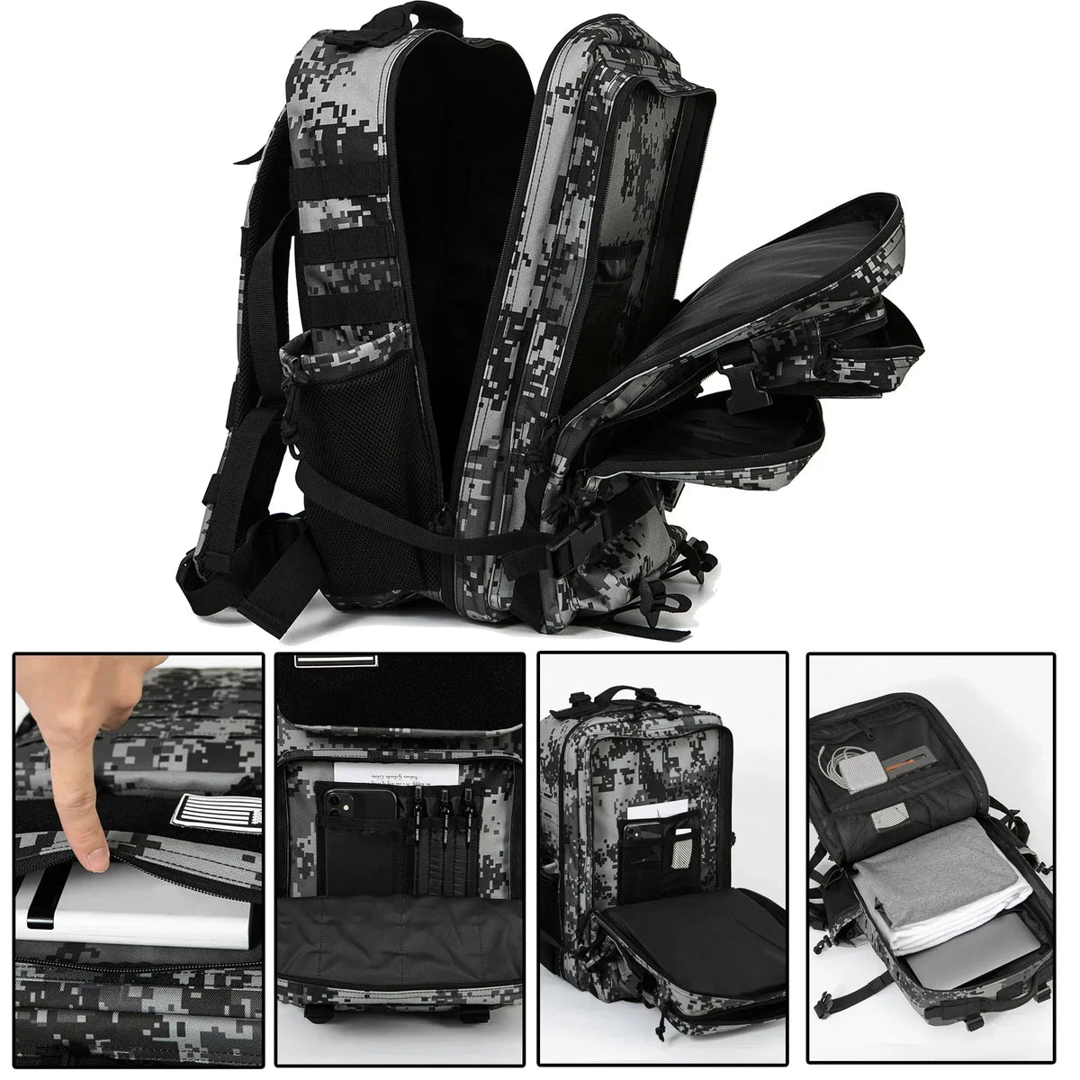 FanzyMarket 45L tactical backpack with waterproof 900D fabric, MOLLE system, ideal for hiking, camping, travel, and school outdoor activities.