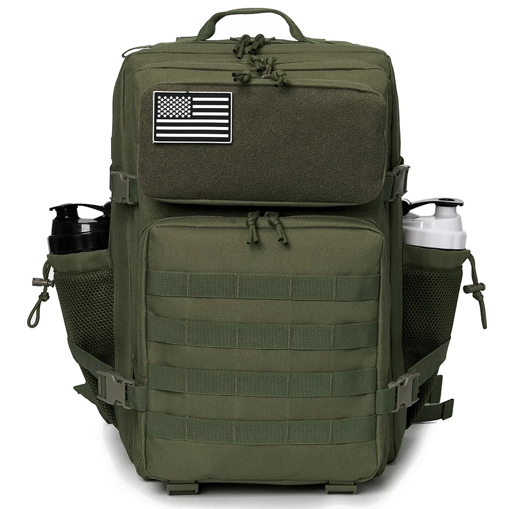 FanzyMarket 45L waterproof tactical backpack with MOLLE system, suitable for hiking, camping, travel, and outdoor activities.