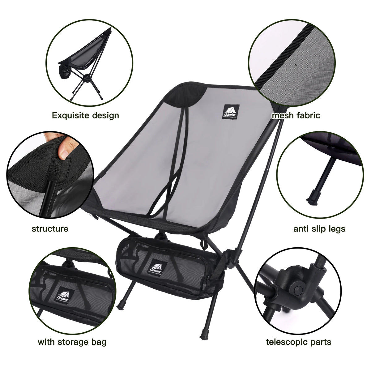 FanzyMarket breathable mesh moon chair, lightweight 7075 aluminum foldable camping and fishing chair with carry bag in black.