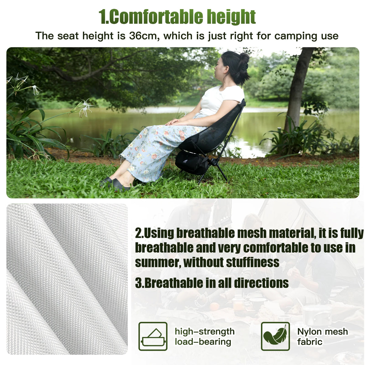 FanzyMarket breathable mesh moon chair with lightweight 7075 aluminum frame, foldable design, black mesh, and carry bag for camping and fishing.
